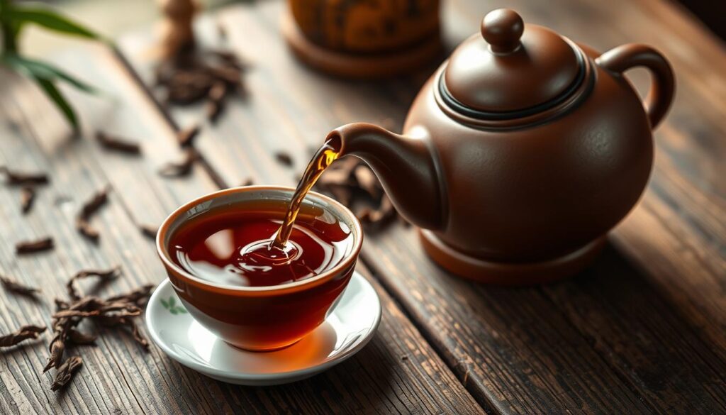 A beautifully arranged Liu Bao tea setup on a rustic wooden table. In the foreground, a traditional clay teapot, intricately designed, pours dark tea into a delicate porcelain cup, capturing the rich, amber hue of the brew. Surrounding the teapot are a few aged Liu Bao tea leaves, highlighting their unique texture and earthy colors. In the middle, a warm, dim light creates an inviting ambiance, enhancing the teapot's glossy finish and the smooth surface of the cup. In the background, softly blurred, there are scattered dried tea leaves and a hint of bamboo, evoking a natural, serene atmosphere. The composition conveys warmth, tradition, and the deep essence of Liu Bao tea. Use a shallow depth of field, with a soft focus on the background, to draw attention to the tea elements.