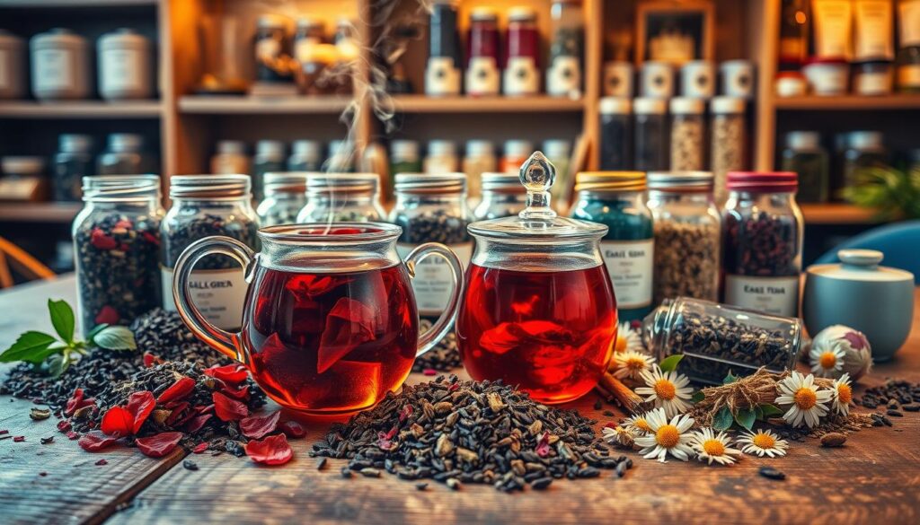 A beautifully arranged display of various tea blends on a rustic wooden table, showcasing vibrant ingredients like dried hibiscus petals, fragrant earl grey, green tea leaves, and delicate chamomile flowers. In the foreground, focus on an elegant glass teapot filled with a colorful blend, steam rising gently. The middle features jars of tea blends with labels, some open to reveal the rich textures and colors of the leaves and spices. In the background, a softly illuminated cozy tea room with shelves lined with more teas and herbal ingredients, creating an inviting atmosphere. Use soft, warm lighting to emphasize the natural beauty and warmth of blended teas. The overall mood is calming and inviting, perfect for a tea enthusiast's gathering. A beautifully arranged display of various tea blends on a rustic wooden table, showcasing vibrant ingredients like dried hibiscus petals, fragrant earl grey, green tea leaves, and delicate chamomile flowers. In the foreground, focus on an elegant glass teapot filled with a colorful blend, steam rising gently. The middle features jars of tea blends with labels, some open to reveal the rich textures and colors of the leaves and spices. In the background, a softly illuminated cozy tea room with shelves lined with more teas and herbal ingredients, creating an inviting atmosphere. Use soft, warm lighting to emphasize the natural beauty and warmth of blended teas. The overall mood is calming and inviting, perfect for a tea enthusiast's gathering.