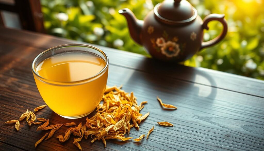 A beautifully arranged scene depicting yellow tea leaves and a steaming cup of yellow tea on a traditional wooden table. In the foreground, the tea cup is filled with a bright, golden-yellow liquid, reflecting the light. The texture of the yellow tea leaves is visibly delicate, some scattered around the cup, showcasing their unique shape and coloration. In the middle ground, a traditional Chinese teapot complements the setting, made of ceramic with intricate floral designs. The background features a soft-focus image of a serene tea garden, with sunlight filtering through the leaves, creating a warm and inviting atmosphere. The lighting is soft and natural, evoking a sense of tranquility and appreciation for this exquisite beverage. The angle is slightly top-down to capture all elements harmoniously.