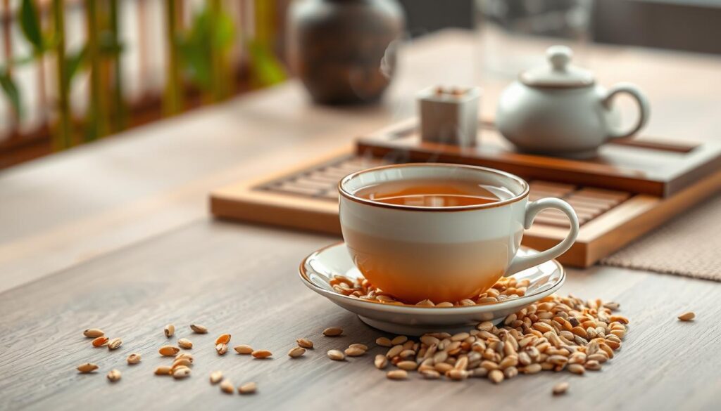 A beautifully arranged scene featuring a steaming cup of genmaicha, a traditional Japanese toasted rice tea, set on a delicate ceramic saucer. In the foreground, the cup is filled with a warm, amber-colored tea, showcasing the unique blend of green tea leaves and toasted rice grains. Next to the cup, scattered roasted rice kernels glimmer subtly, hinting at the tea's flavor profile. In the middle ground, a soothing wooden tea tray adds warmth to the composition. The background includes a soft focus of a serene Japanese-inspired environment, with bamboo and minimalist decor, providing a tranquil atmosphere. The lighting is soft and inviting, highlighting the tea's inviting hue and creating gentle shadows. The overall mood is calm and contemplative, evoking a sense of relaxation and appreciation for the art of tea.
