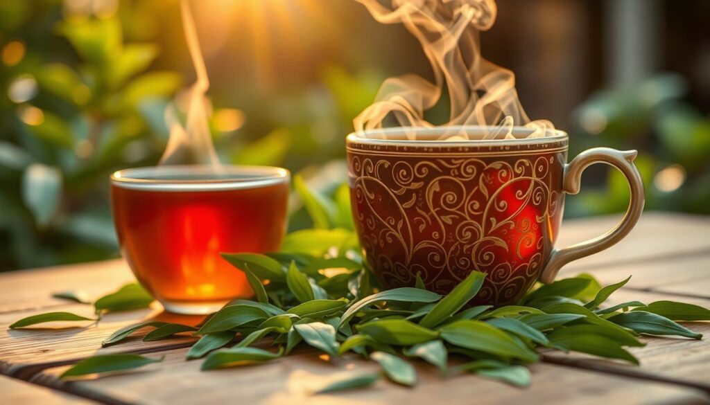 A close-up image of a steaming cup of GABA tea on a wooden table, with fresh GABA tea leaves spread around it. The foreground features the intricately designed ceramic cup, highlighting the rich amber color of the tea, adorned with delicate steam rising gently. In the middle, showcase vibrant green GABA tea leaves with a glossy sheen, emphasizing their nitrogen-processed nature. The background should include hints of a serene tea garden, softly blurred to maintain focus on the cup and leaves, with warm, natural sunlight filtering through the foliage, creating an inviting and tranquil atmosphere. Capture a sense of calm and wellness, appealing to the senses through the inviting colors and textures. Use a shallow depth of field to emphasize the subject, creating an intimate and cozy mood.