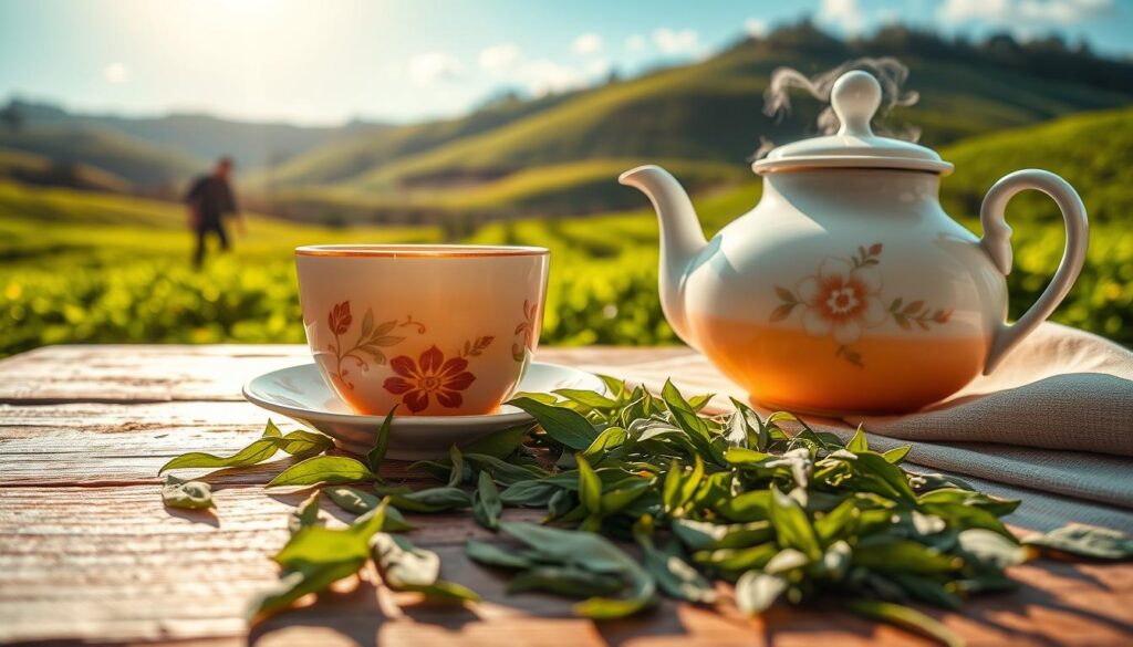 A close-up of a beautifully arranged single-estate tea scene, showcasing a delicate porcelain tea set with a steaming cup of brewed tea, rich amber in color, and a tea pot adorned with intricate floral designs. In the foreground, place fresh, vibrant tea leaves scattered artfully alongside the tea set, emphasizing their detailed texture and rich green hues. The middle ground features a rustic wooden table, with a natural linen tablecloth draping gracefully. In the background, a serene, sunlit tea plantation stretches into rolling hills, with lush greenery under a bright blue sky. Soft, warm sunlight filters through, casting gentle shadows that enhance the tranquil atmosphere. The composition should evoke a sense of calm and appreciation for the artistry of single-estate tea. A close-up of a beautifully arranged single-estate tea scene, showcasing a delicate porcelain tea set with a steaming cup of brewed tea, rich amber in color, and a tea pot adorned with intricate floral designs. In the foreground, place fresh, vibrant tea leaves scattered artfully alongside the tea set, emphasizing their detailed texture and rich green hues. The middle ground features a rustic wooden table, with a natural linen tablecloth draping gracefully. In the background, a serene, sunlit tea plantation stretches into rolling hills, with lush greenery under a bright blue sky. Soft, warm sunlight filters through, casting gentle shadows that enhance the tranquil atmosphere. The composition should evoke a sense of calm and appreciation for the artistry of single-estate tea.