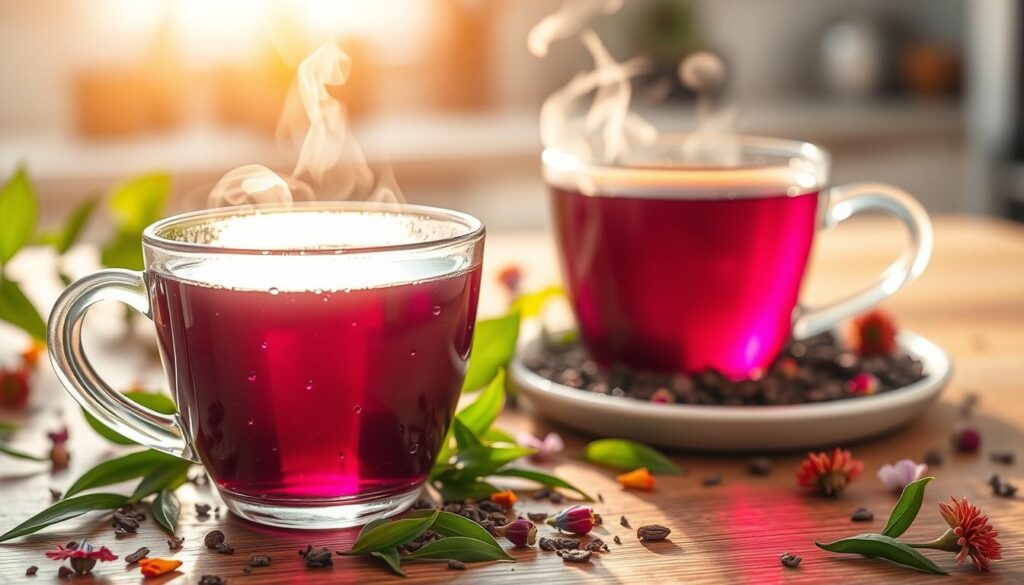 A close-up of a rich, deep purple tea steaming in an elegant glass cup, surrounded by fresh green tea leaves and colorful dried flowers that represent antioxidants. In the foreground, delicate drops of condensation glisten on the cup, emphasizing freshness. The middle ground features a wooden table with a small plate of loose tea leaves and some vibrant, dried flowers creating a natural aesthetic. In the background, softly blurred, there are hints of a sunlit kitchen setting, adding warmth and approachability. The scene is illuminated by soft, golden hour lighting to evoke a tranquil and healthful atmosphere, inviting viewers to appreciate the unique properties of purple tea.