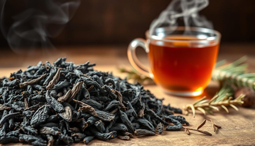 A close-up of dry Lapsang Souchong smoked tea leaves meticulously arranged on a rustic wooden surface. The tea leaves should be dark, with a glossy sheen, showcasing their unique curled shape and smoky aroma. In the background, a steaming teacup filled with the brewed tea can be seen, with wisps of steam rising gracefully into the air. Soft, warm lighting bathes the scene in a cozy ambiance, highlighting the deep amber color of the liquid. Surrounding the teacup, a few scattered pine needles evoke the traditional smoking process using pine wood. The overall mood is warm, inviting, and conducive to relaxation, perfect for appreciating the unique qualities of smoked teas.