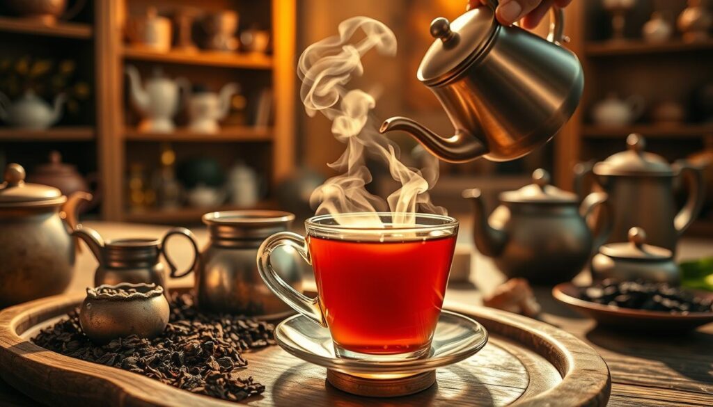 A cozy tea setting featuring an assortment of smoked teas, prominently displaying a steaming cup of Lapsang Souchong in the foreground. The tea has a rich amber hue, contrasting with a rustic wooden tea tray adorned with dried tea leaves and a small, aged tea canister. In the middle, a delicate hand pours hot water from an antique kettle into the cup, creating a swirl of steam that dances in the air. In the background, a softly lit room with shelves filled with various tea varieties and vintage teapots, evoking warmth and tradition. The lighting is warm and inviting, with soft shadows that enhance the tranquil atmosphere, emphasizing the storytelling aspect of smoked teas. Focused angle on the tea cup to create intimacy and invite curiosity.