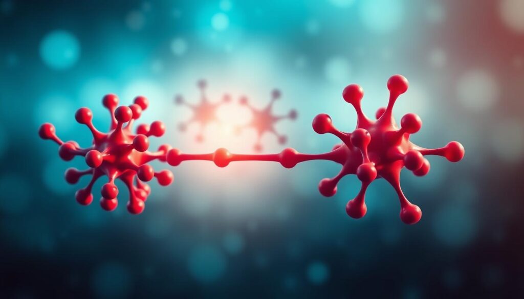 A molecular representation of GABA neurotransmitter, illustrated in vibrant colors to emphasize its intricate structure. In the foreground, large, detailed depictions of GABA molecules are displayed, highlighting key features such as amino acids and the arrangement of atoms. The middle background features a softly blurred neuron network, symbolizing GABA's role in brain function and communication. The backdrop is a serene, abstract representation of a calm, meditative atmosphere, with cool blue and green hues suggesting relaxation. Soft, diffused lighting casts gentle shadows, creating depth and enhancing the molecular details. The image is designed to evoke a sense of tranquility and scientific exploration, suitable for a professional article.