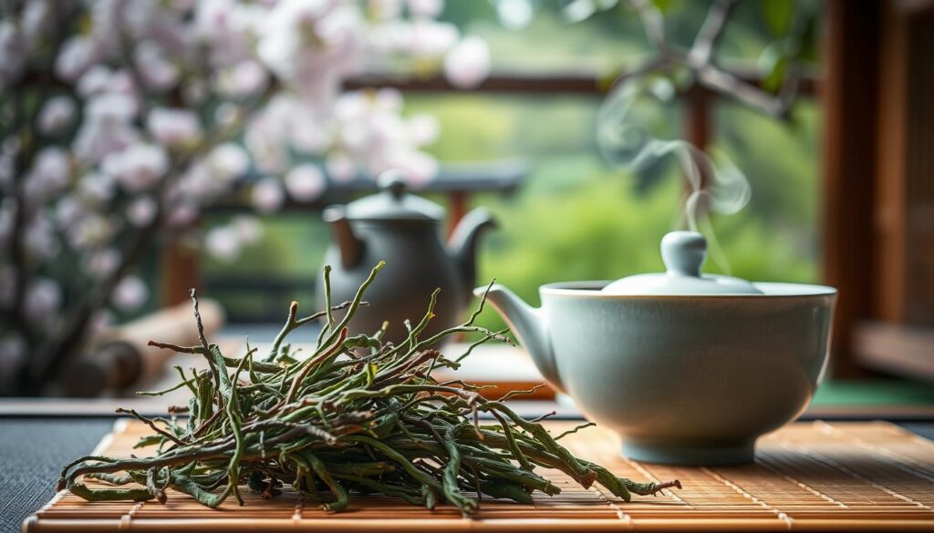 A serene Japanese tea setting featuring Kukicha tea, presented in a traditional ceramic tea bowl. In the foreground, rich green tea twigs and stems are artfully arranged beside the bowl, showcasing their unique textures and delicate forms. The middle layer includes a softly glowing tea kettle, exuding steam, set on a bamboo mat, enhancing the natural aesthetic. In the background, a tranquil Japanese garden with blurred cherry blossoms and lush greenery creates a harmonious atmosphere. Soft, diffused sunlight filters through the trees, casting gentle shadows. The composition should evoke a sense of calm and connection to nature, inviting the viewer to appreciate the history and beauty of Kukicha tea. The focus should be sharp on the tea elements while the background remains slightly out of focus.