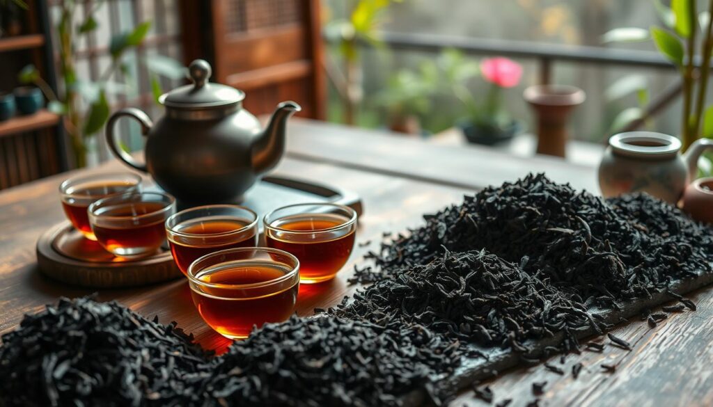 A serene and inviting setting showcasing various dark teas, particularly Liu Bao, in the foreground. A traditional Chinese tea set is elegantly arranged on a rustic wooden table, with a steaming teapot and delicate teacups filled with deep amber liquid. In the middle ground, piles of dark tea leaves are thoughtfully displayed, accompanied by a textured, dark stone slab to highlight their richness. Behind, a softly lit backdrop of a tranquil tea garden hints at Chinese color palettes, featuring lush greenery and bamboo accents. The overall atmosphere is calm and peaceful, evoking a sense of mindfulness and appreciation for dark tea. Natural, warm lighting creates soft shadows, enhancing the richness of the tea leaves and the inviting quality of the scene, capturing the essence of Heicha.