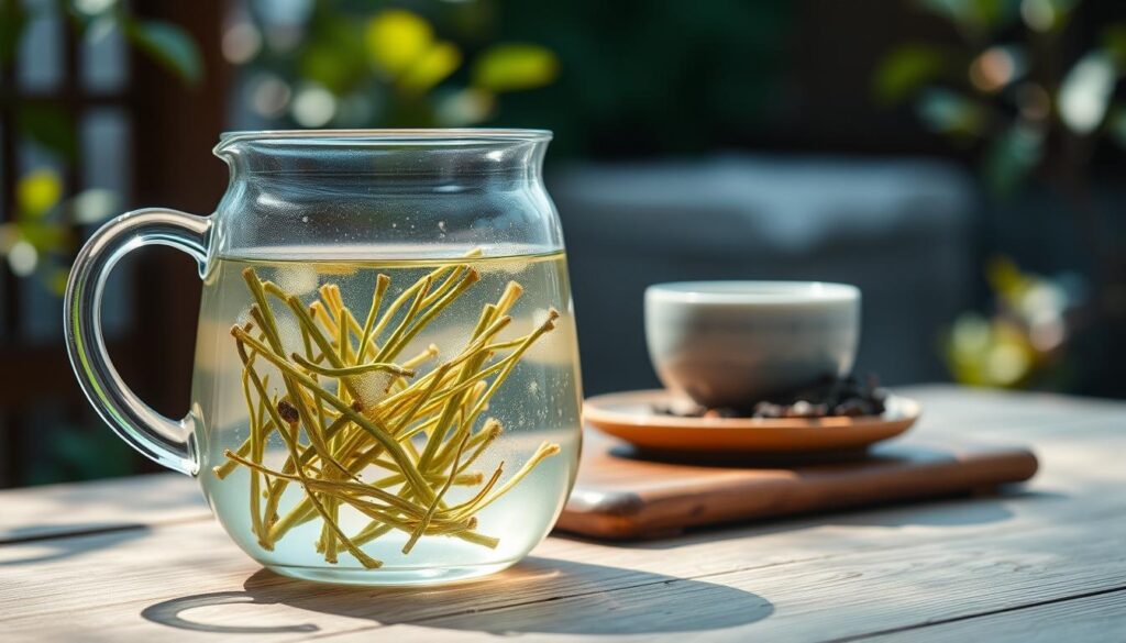 A serene composition featuring Kukicha twig tea in a clear glass teapot, showcasing its delicate, light green twigs steeping gently in water. The foreground highlights the textured twigs floating amid subtle bubbles. In the middle, a rustic wooden tea tray adorned with a traditional Japanese tea cup and a small plate of dried tea leaves accentuates the natural theme. The background features a soft-focus of a Japanese garden, with hints of lush greenery and gentle sunlight filtering through leaves, creating a warm, inviting atmosphere. Soft diffused lighting highlights the tea's tranquil color, enhancing the peaceful mood of a calming tea-drinking experience. Capture the scene from a slightly elevated angle to emphasize the beauty of the tea and its surroundings, evoking a sense of appreciation for this unique beverage.