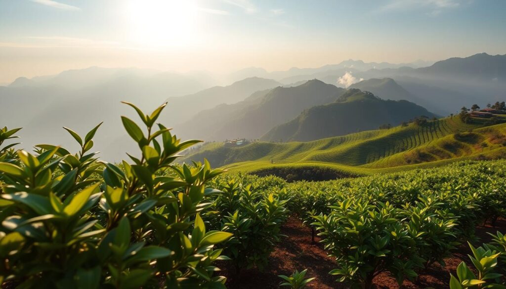 A serene high mountain landscape showcasing the delicate growing process of high altitude oolong tea. In the foreground, tea bushes with vibrant green leaves, gently swaying in the breeze, are paired with sun-dappled soil. The middle layer features lush, steep hills with terraced tea fields that extend towards the horizon. In the background, towering, mist-covered mountains bathe in soft morning light, creating a tranquil atmosphere. The sky is painted with gentle hues of dawn, casting a warm glow over the scene. Use a wide-angle lens to capture the expanse of the landscape, emphasizing depth and serenity. Ensure that the lighting reflects the early morning, enhancing the fresh, crisp air that defines high mountain oolong.