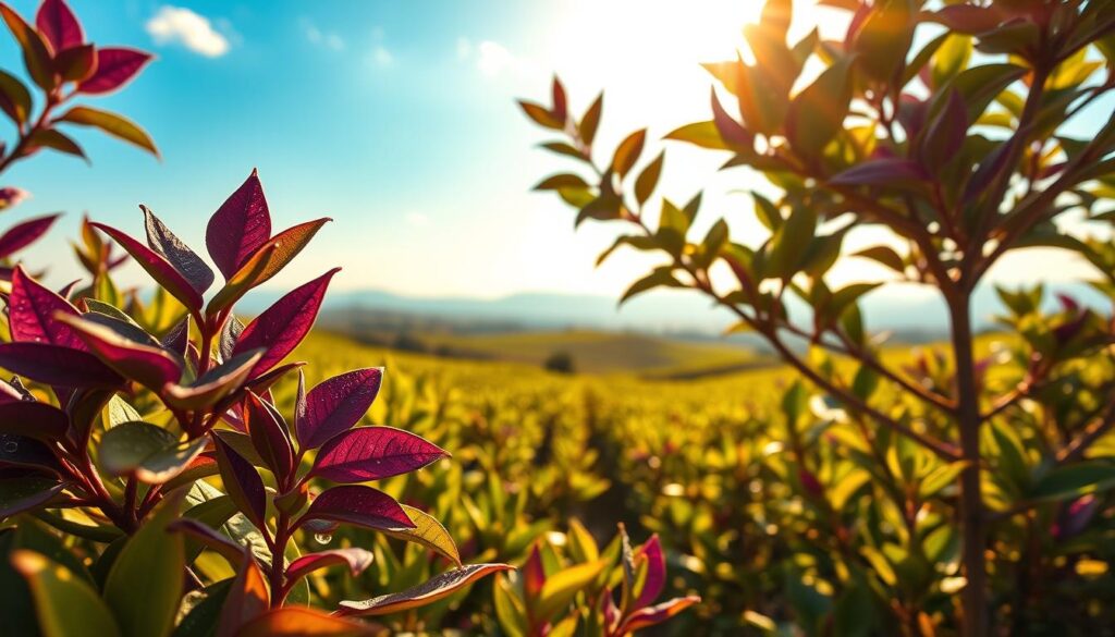 A serene tea plantation in Kenya featuring lush, vibrant green tea bushes with purple-hued leaves, symbolizing the rare Purple Tea. In the foreground, a close-up of delicate tea leaves glistening with morning dew, showcasing their unique purple coloration. The middle ground reveals a picturesque landscape with rolling hills and a clear blue sky, bathed in warm, soft sunlight to create a peaceful atmosphere. The background showcases distant mountains and additional tea fields, creating depth and context for the scene. The lighting is golden, evoking a sense of tranquility and harmony. The image should convey the essence of Purple Tea as an exotic and healthy beverage, illustrating its natural beauty and significance. No people are present in the image, allowing the focus to remain on the enchanting tea leaves and idyllic surroundings.