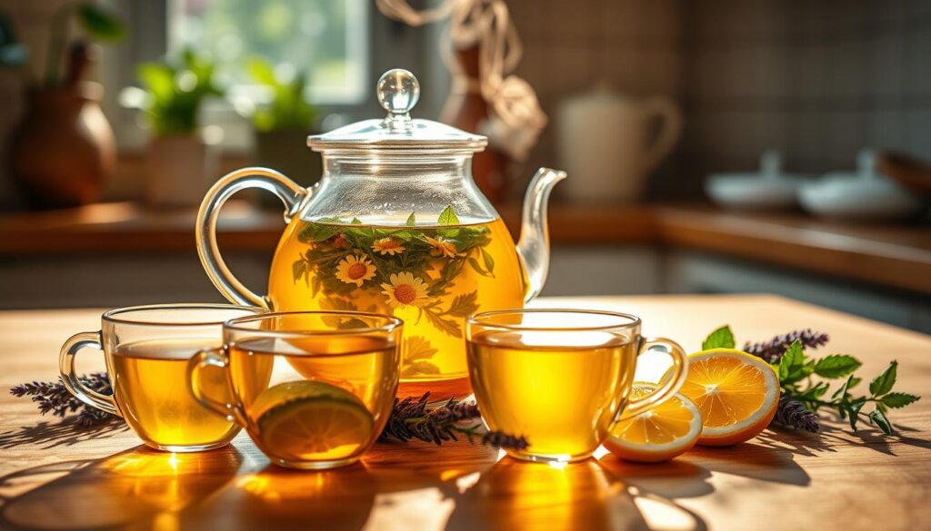 A soothing herbal infusion setup on a wooden table, featuring an elegant glass teapot filled with a vibrant, steaming infusion of chamomile and mint leaves. In the foreground, delicate, translucent teacups catch the warm light, showcasing the infusion's golden hue. The middle ground includes fresh herbs, like sprigs of lavender and slices of lemon, artistically arranged beside the teapot. In the background, soft-focus greenery creates a tranquil kitchen environment, with natural sunlight streaming through a window, casting gentle shadows. The mood is calming and inviting, ideal for relaxation and wellness. The scene captures the essence of herbal infusions as a comforting, healthy beverage choice, rendered with vibrant colors and soft lighting to enhance the warm atmosphere. A soothing herbal infusion setup on a wooden table, featuring an elegant glass teapot filled with a vibrant, steaming infusion of chamomile and mint leaves. In the foreground, delicate, translucent teacups catch the warm light, showcasing the infusion's golden hue. The middle ground includes fresh herbs, like sprigs of lavender and slices of lemon, artistically arranged beside the teapot. In the background, soft-focus greenery creates a tranquil kitchen environment, with natural sunlight streaming through a window, casting gentle shadows. The mood is calming and inviting, ideal for relaxation and wellness. The scene captures the essence of herbal infusions as a comforting, healthy beverage choice, rendered with vibrant colors and soft lighting to enhance the warm atmosphere.
