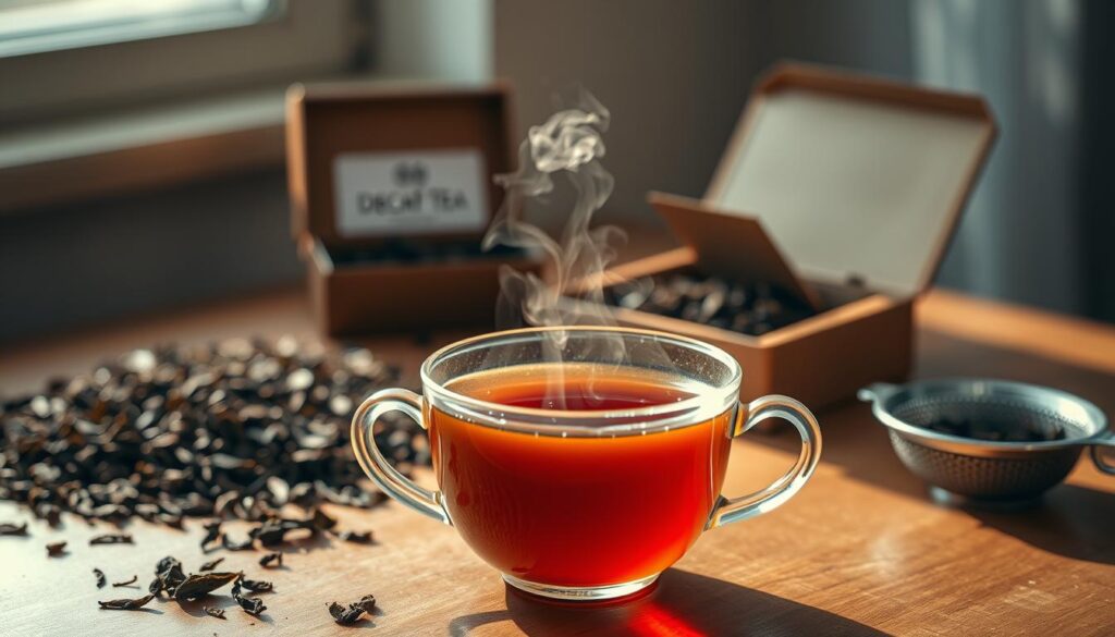 A steaming cup of delicately brewed decaffeinated tea sits elegantly on a wooden table, surrounded by loose tea leaves and a small tea strainer. In the foreground, the focus is on the porcelain cup, showcasing the rich amber hue of the tea and wisps of steam rising gently. The middle ground features a soft-focus background of fresh tea leaves and an open tea box, further emphasizing the decaffeination process. The lighting is warm and inviting, creating a cozy atmosphere, with sunlight filtering through a nearby window, casting gentle shadows. The composition captures the serenity and warmth of a tea-drinking experience, inviting the viewer to explore the nuances of decaf tea. A steaming cup of delicately brewed decaffeinated tea sits elegantly on a wooden table, surrounded by loose tea leaves and a small tea strainer. In the foreground, the focus is on the porcelain cup, showcasing the rich amber hue of the tea and wisps of steam rising gently. The middle ground features a soft-focus background of fresh tea leaves and an open tea box, further emphasizing the decaffeination process. The lighting is warm and inviting, creating a cozy atmosphere, with sunlight filtering through a nearby window, casting gentle shadows. The composition captures the serenity and warmth of a tea-drinking experience, inviting the viewer to explore the nuances of decaf tea.