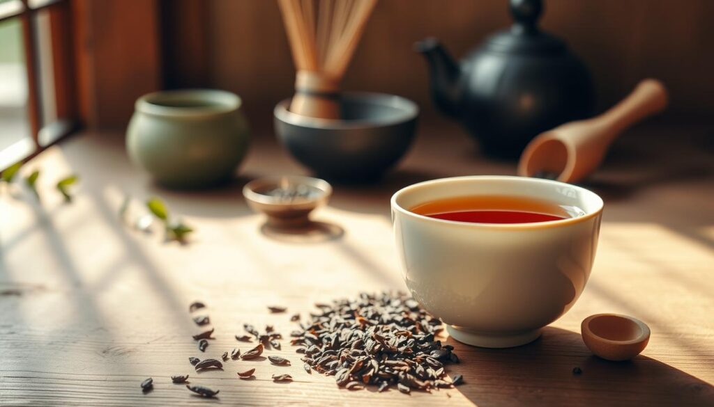 A warm, inviting scene depicting a cup of hojicha tea in a delicate ceramic tea cup, placed on a rustic wooden table. In the foreground, the rich, earthy brown color of the hojicha tea reflects softly in the gentle morning light, creating a serene, cozy atmosphere. Surrounding the cup, loose hojicha tea leaves and a small wooden scoop showcase the tea's unique toasted aroma. The middle background features traditional Japanese tea utensils, like a whisk and a matcha bowl, blending harmoniously with the scene. Soft, natural light streams in from a nearby window, casting gentle shadows that enhance the tranquility of the moment. The overall mood is peaceful and contemplative, celebrating the essence of hojicha's warmth and depth.