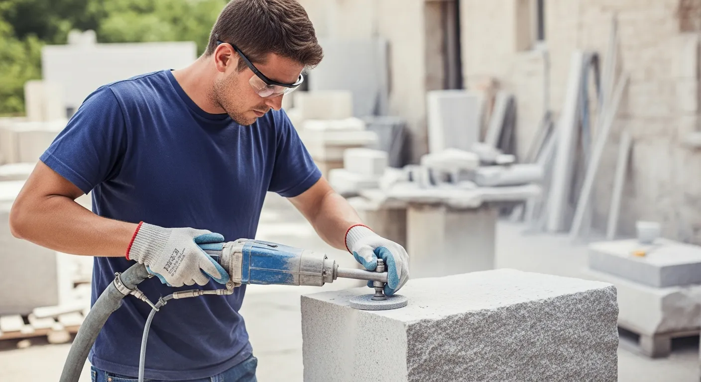 A stonemason uses abrasive blasting to clean a stone block.