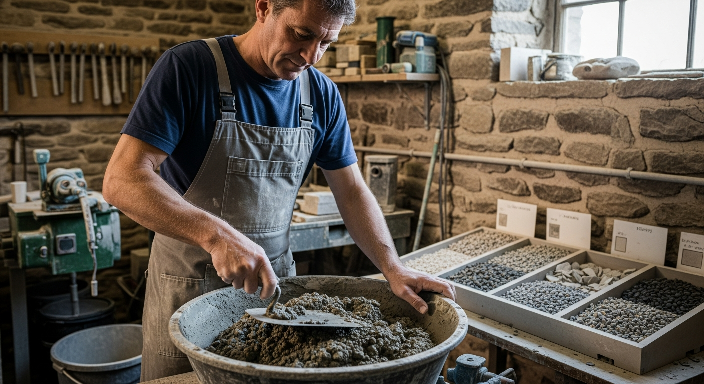 A stonemason mixes mortar with aggregates in a workshop.