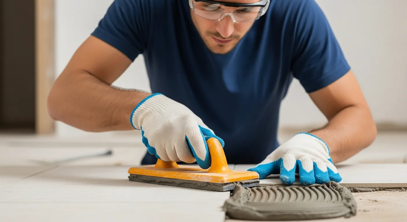 A man applies grout between stone tiles.