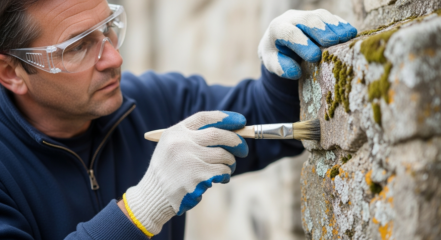 A stonemason applies biocide to a stone wall.