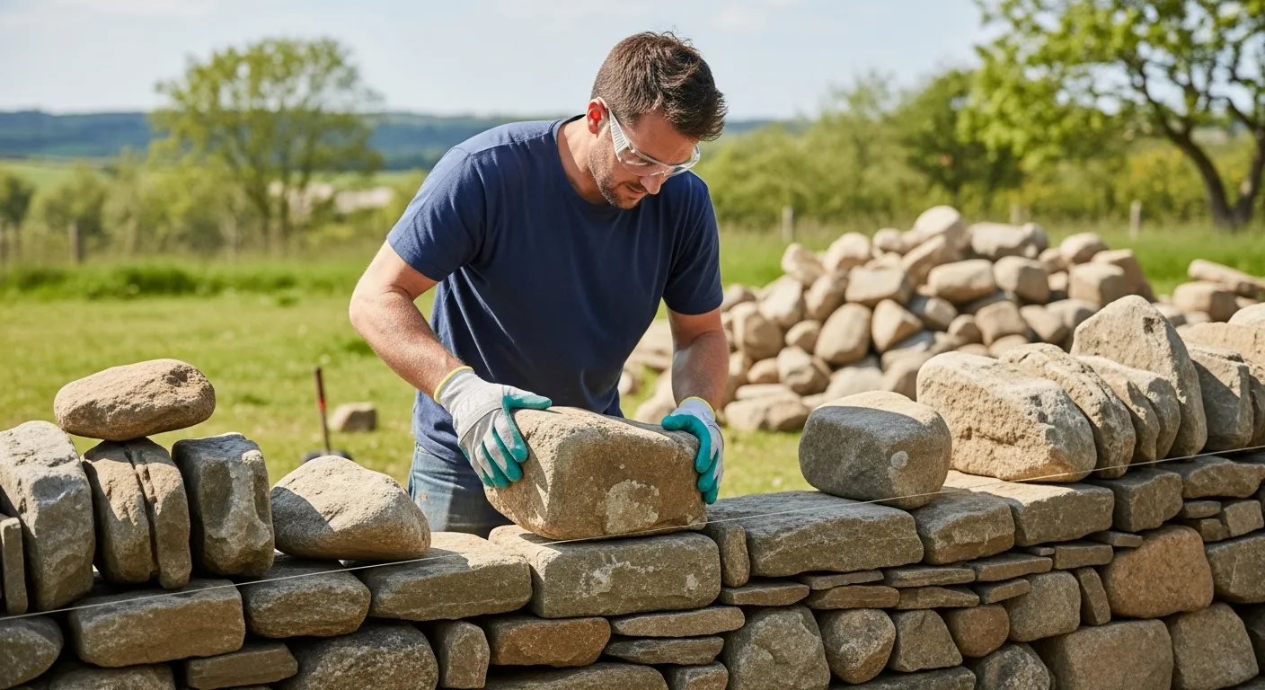 Man building a fieldstone wall outdoors