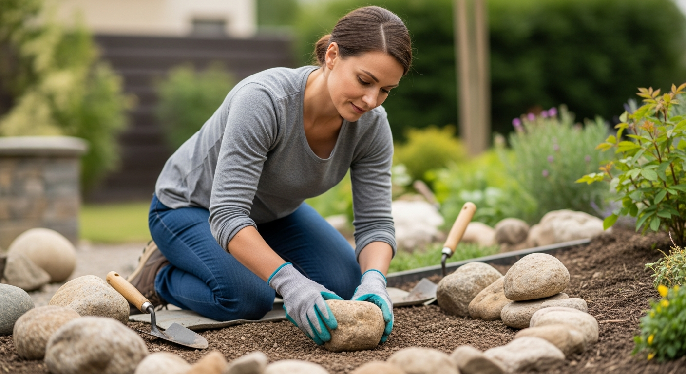 Woman building a rock garden in her backyard