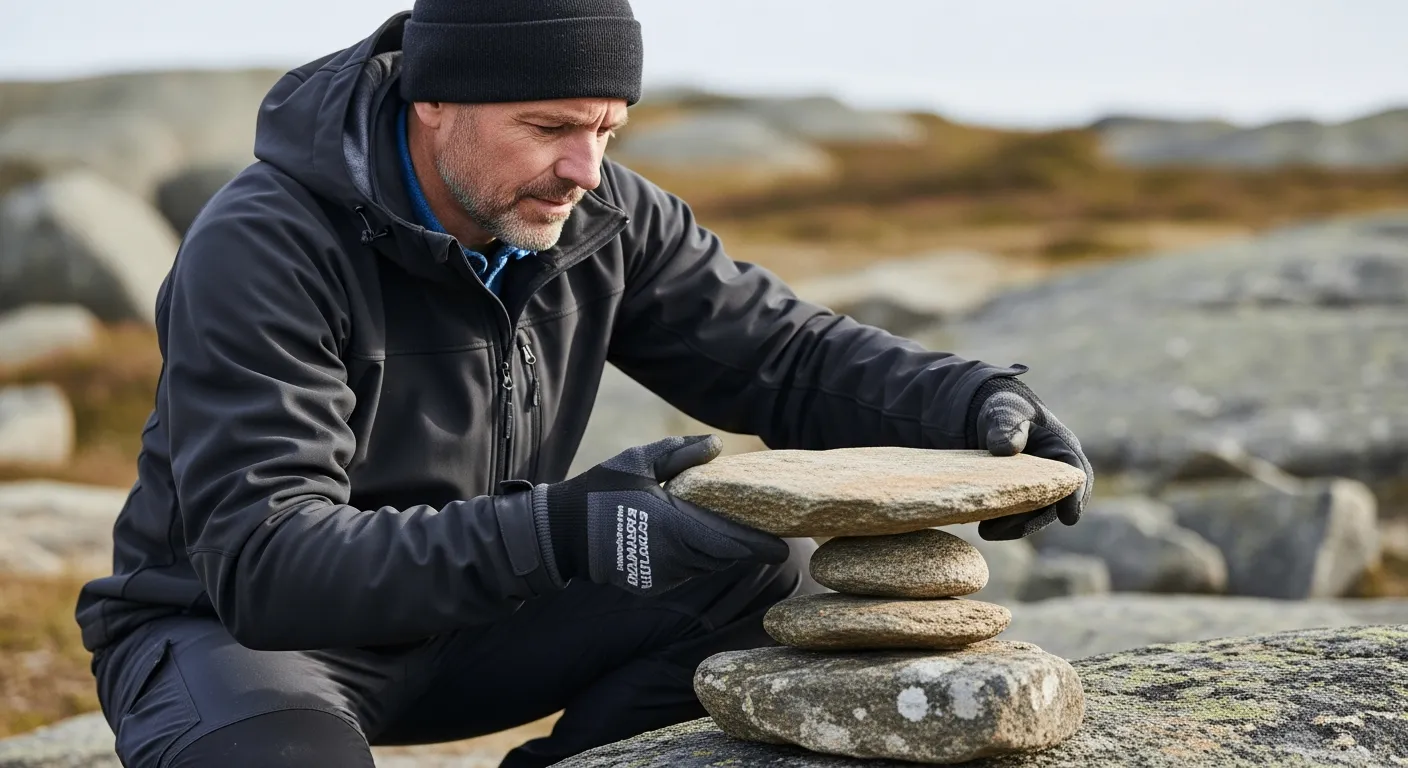 A man builds a stone cairn in a rocky landscape.