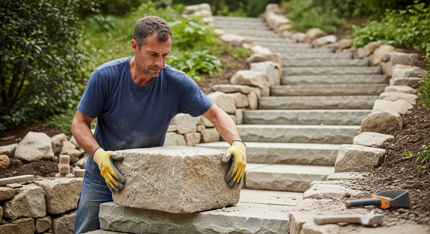 A stonemason builds stone stairs in a garden