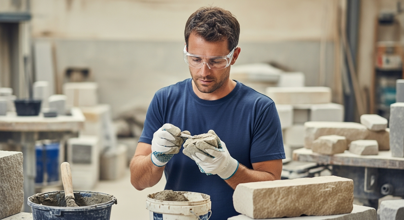 A stonemason inspects mortar in a workshop.
