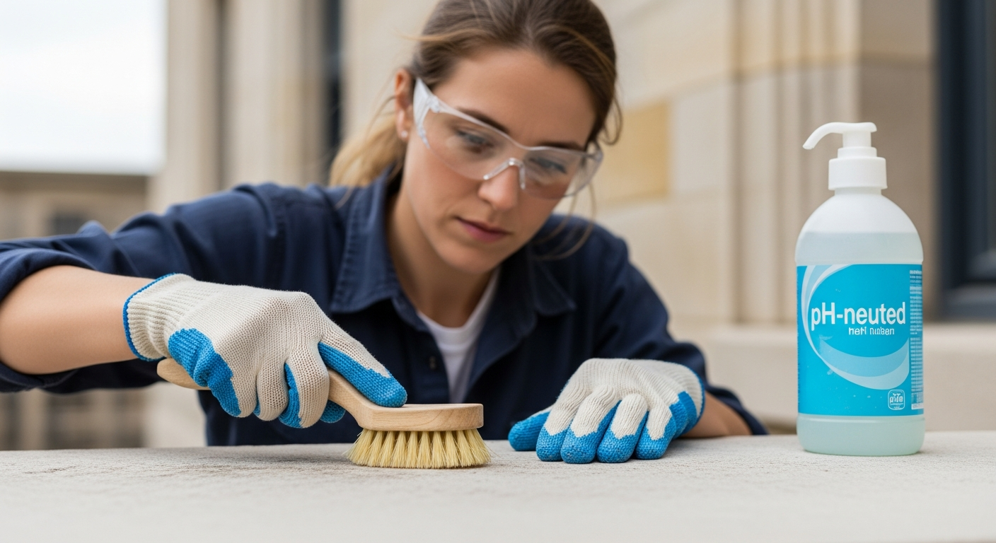 A woman cleans a limestone surface with a brush.