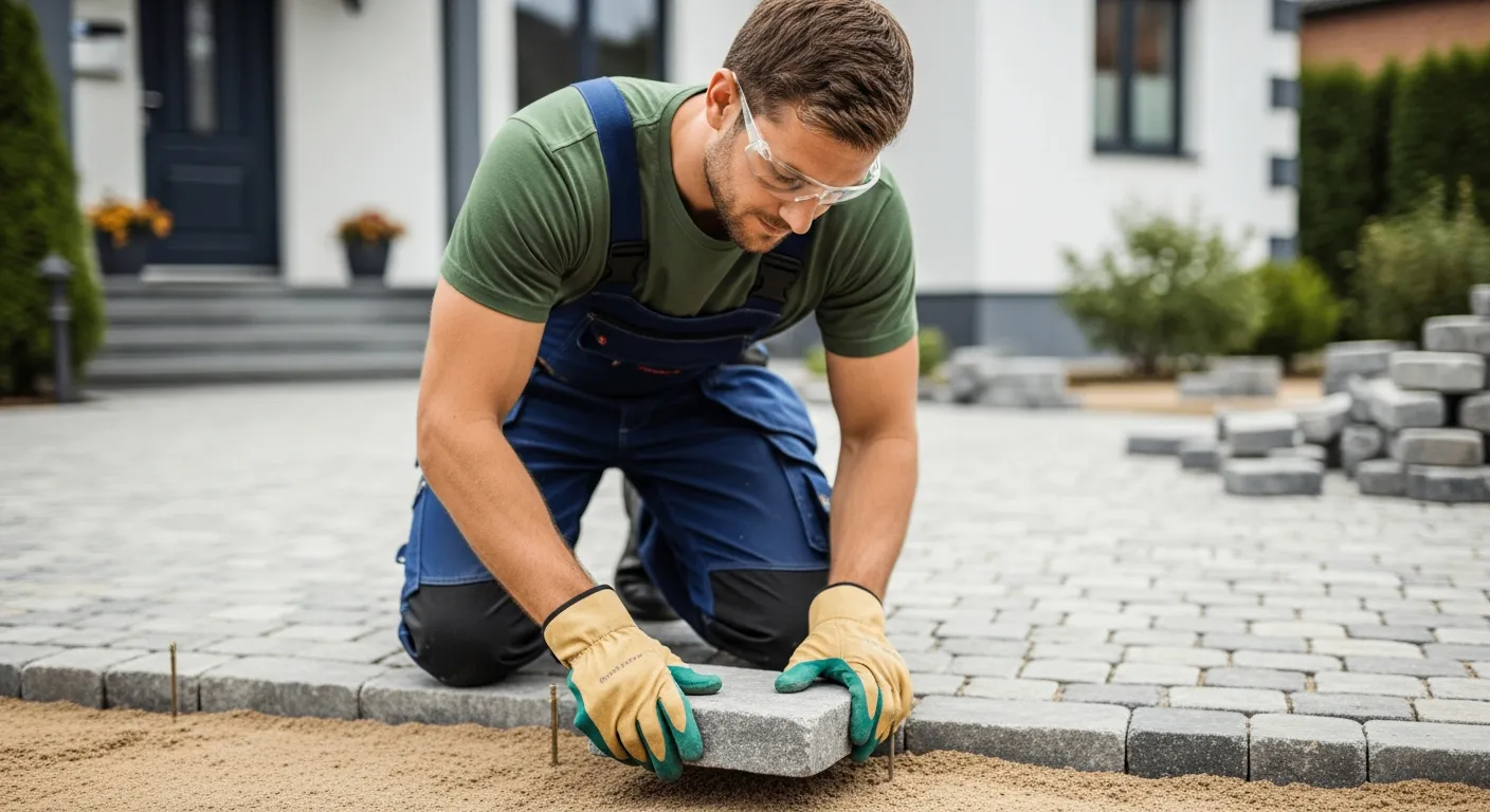 Man installing cobblestone driveway