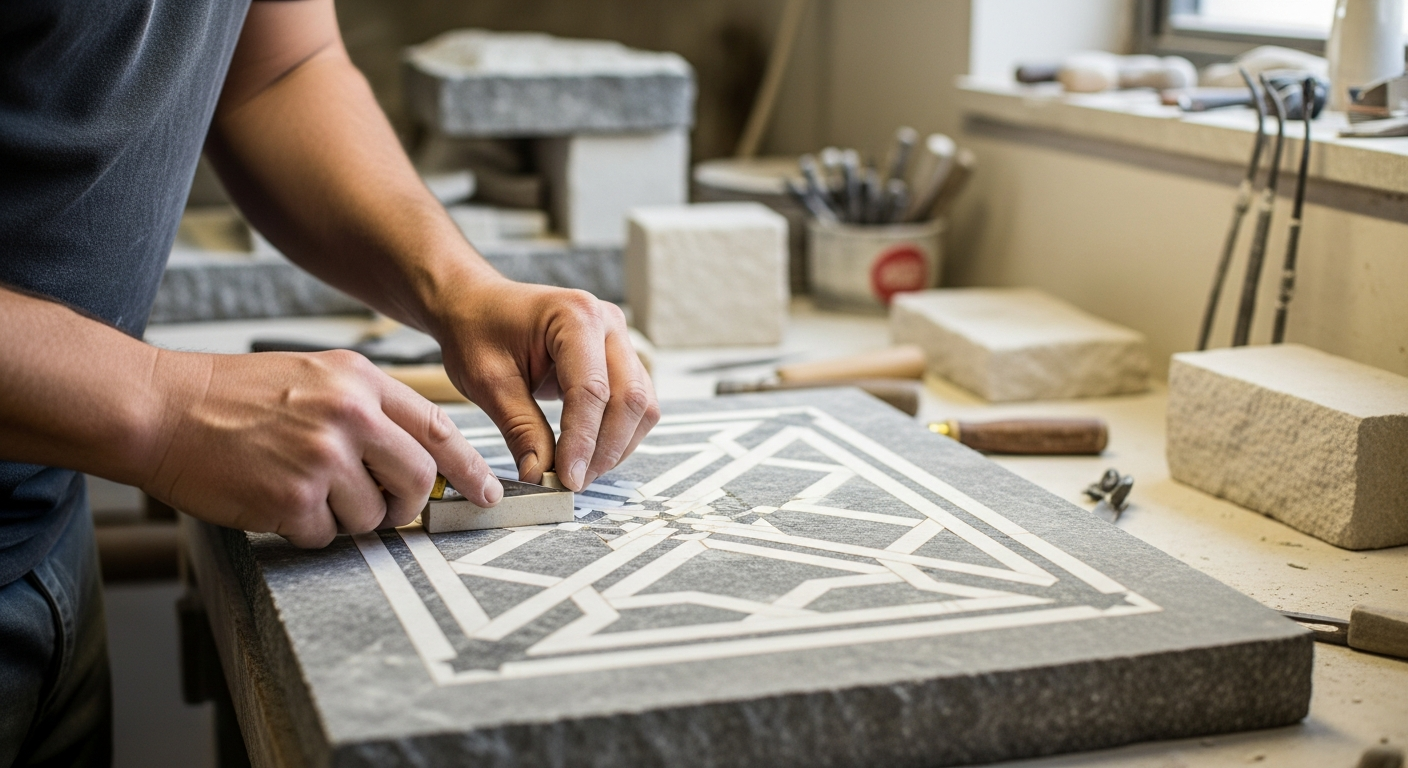 A stonemason works on a stone inlay project.