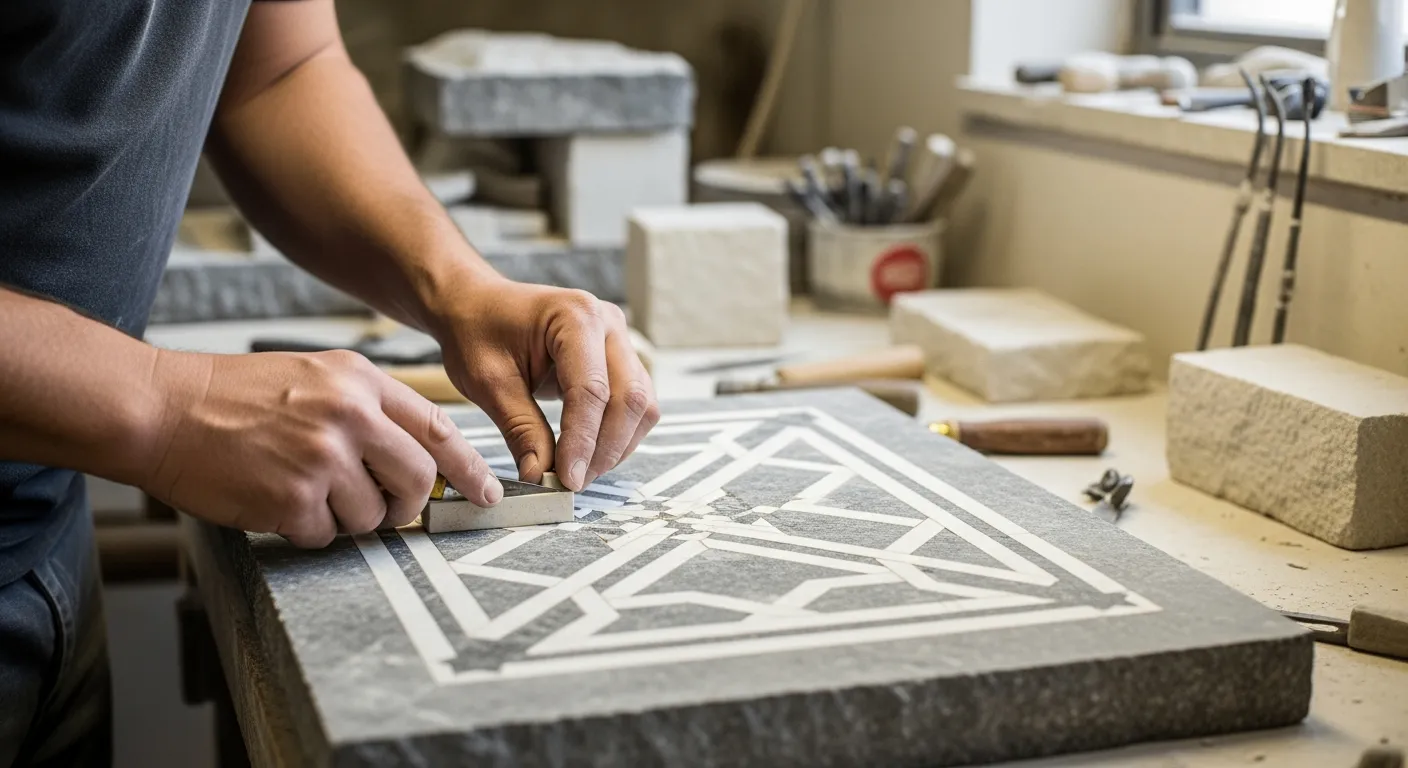 A stonemason works on a stone inlay project.
