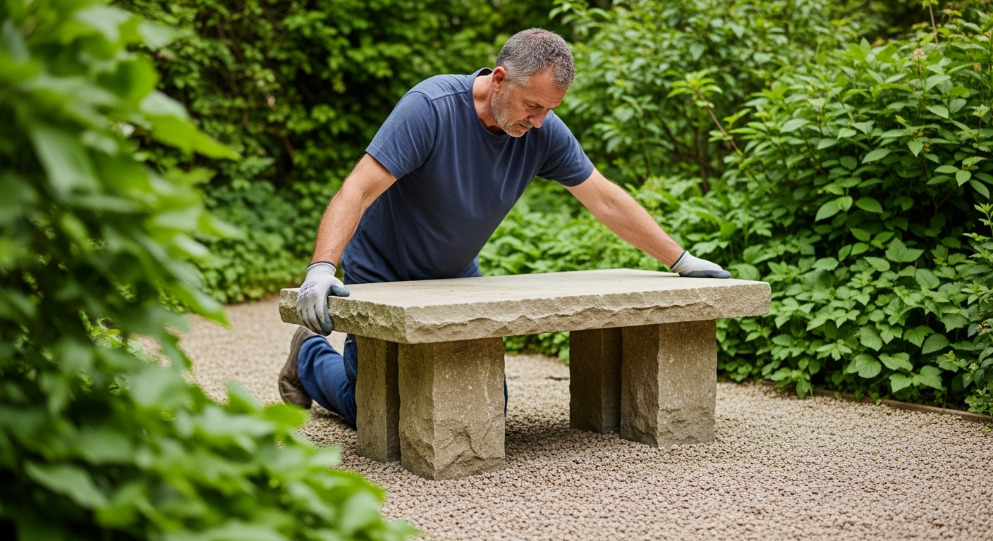 Man building a stone bench in a garden