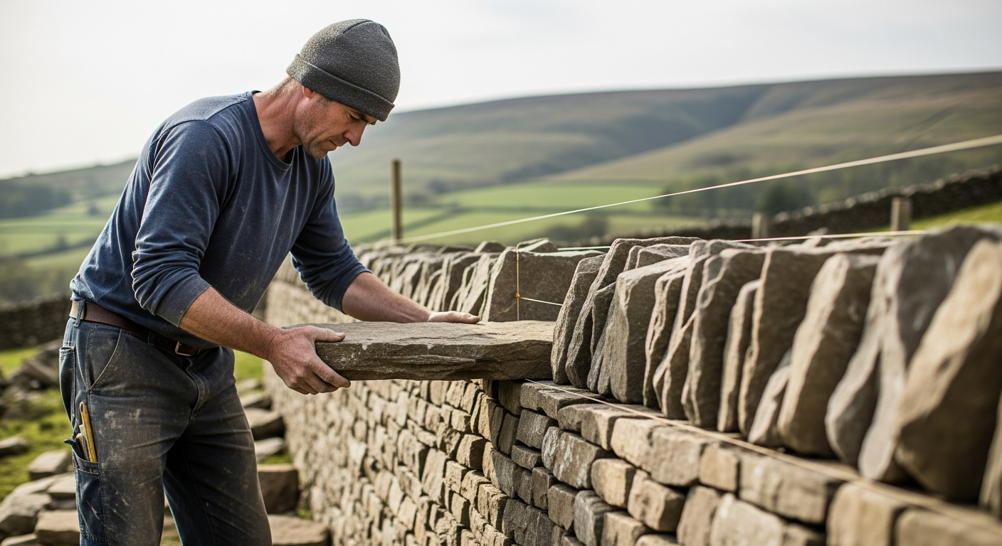 A stonemason builds a dry stone wall in a rural setting.