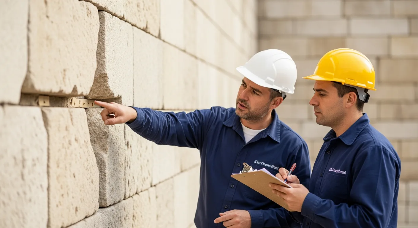 Two masons inspect an expansion joint in a stone wall.