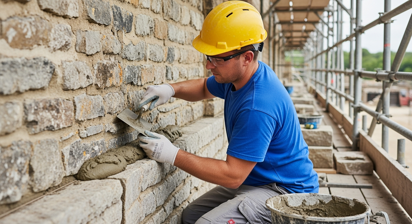 Stonemason applying mortar to a stone structure.