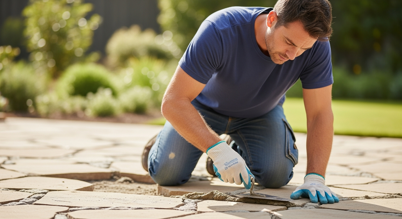 Man repairing a flagstone patio with mortar.