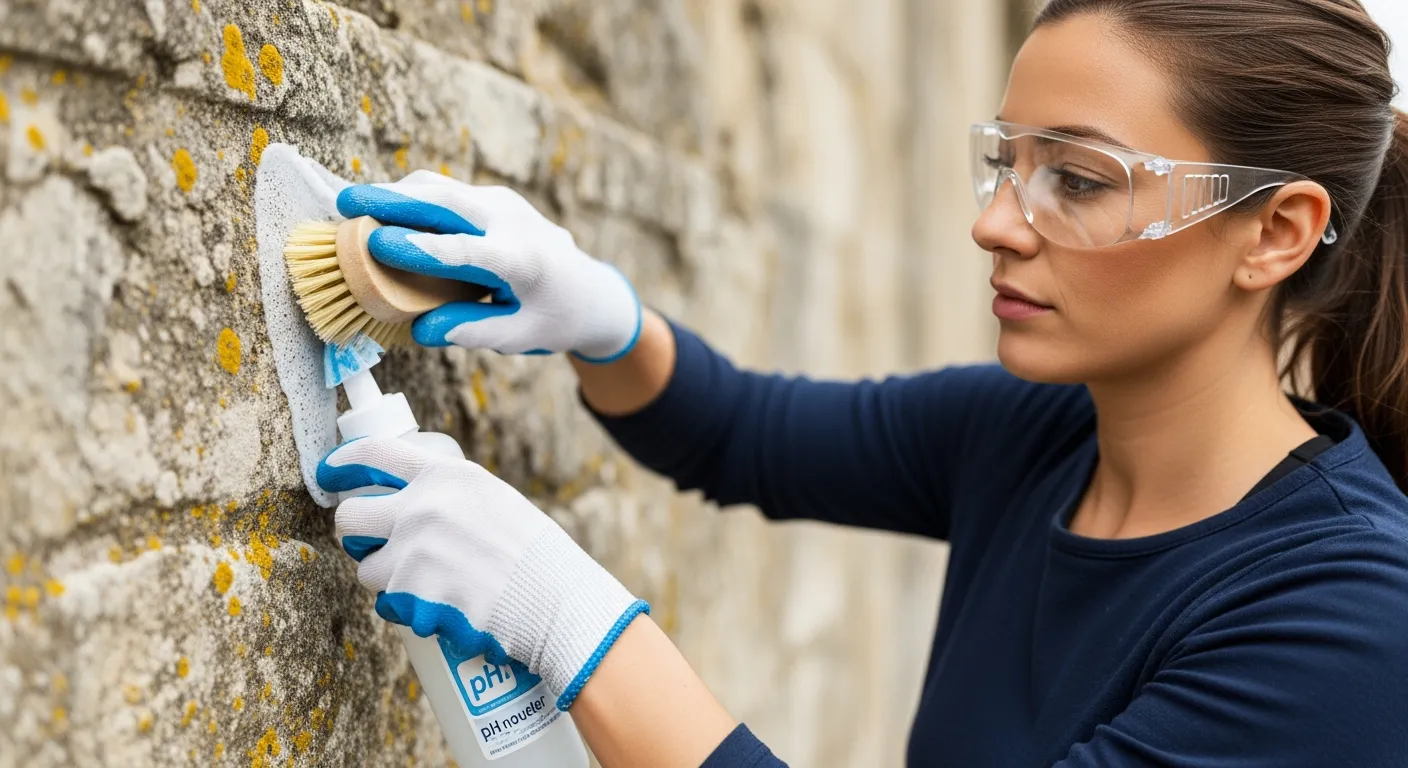 A woman cleans a historic stone wall with a brush.