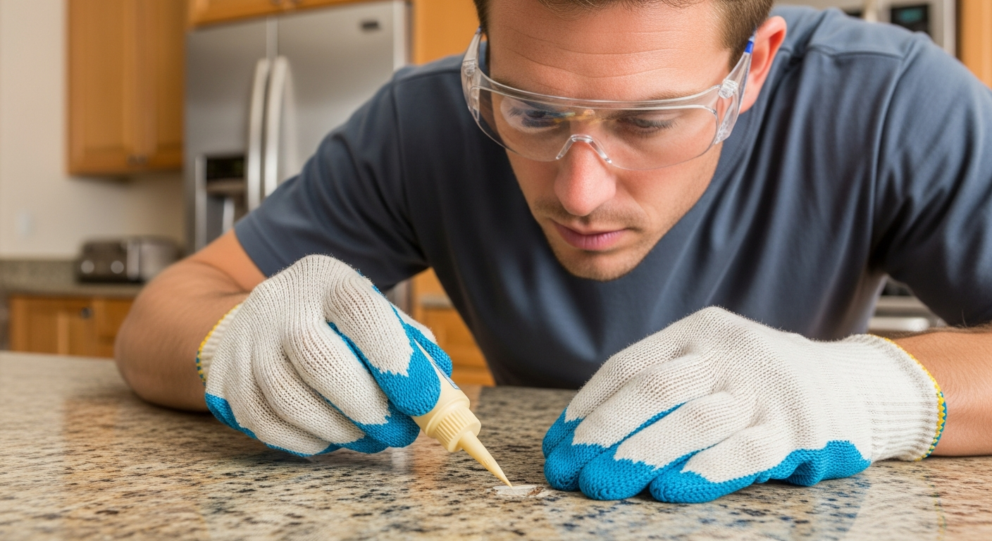 Man repairing a chip on a granite countertop in a kitchen