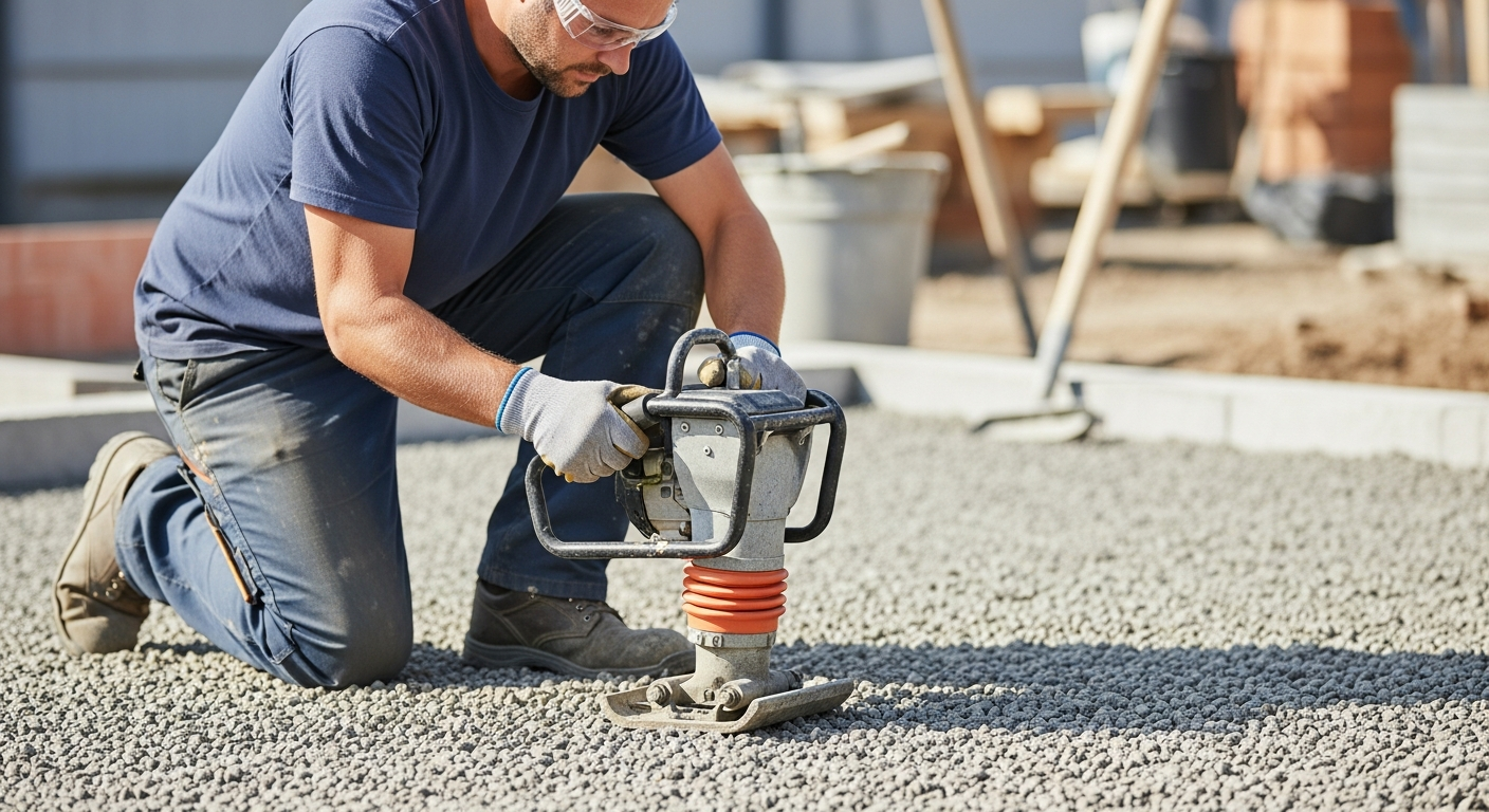 Construction worker compacting gravel for a stone foundation.