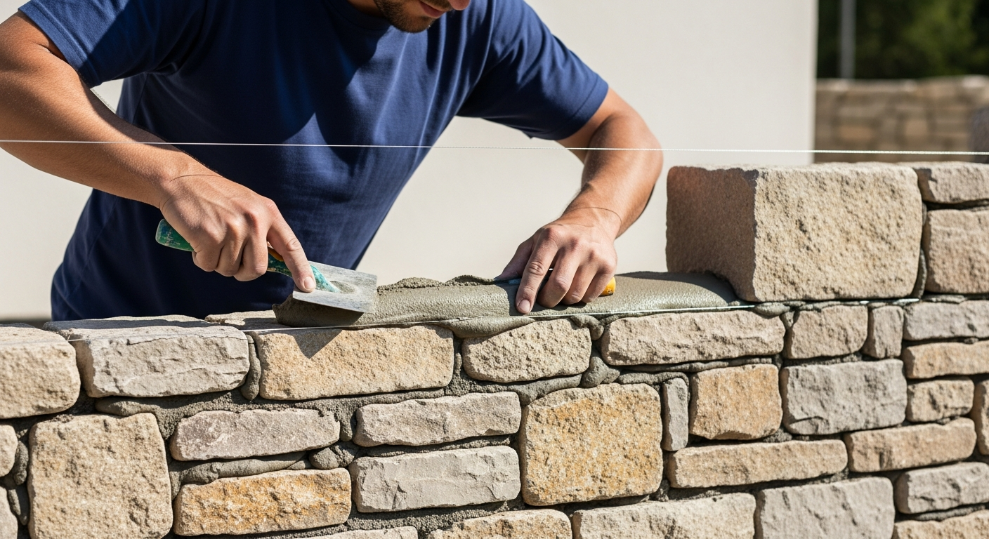 A stonemason applies grout to a stone wall.