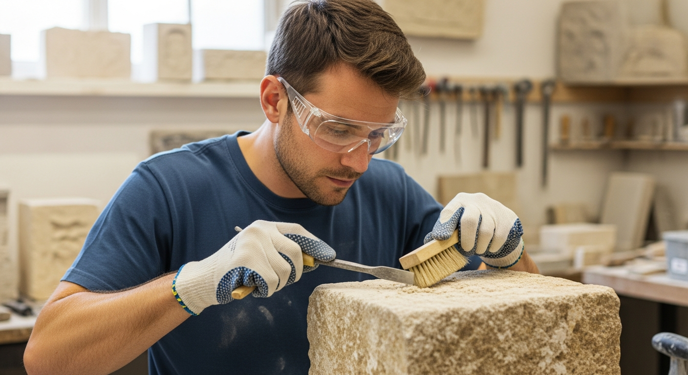 Stonemason examines weathered limestone block in workshop