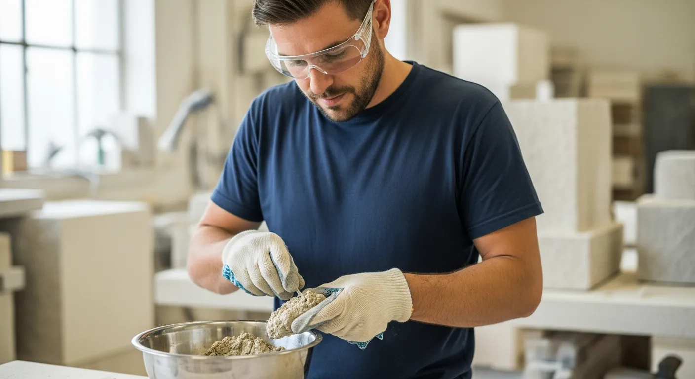 A stonemason inspects hydrated lime mortar in a workshop.