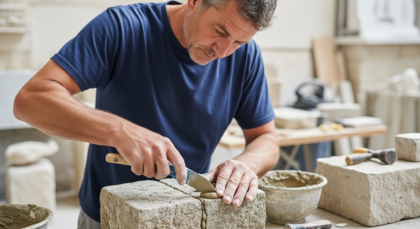 Stonemason applies lime mortar to a stone block.