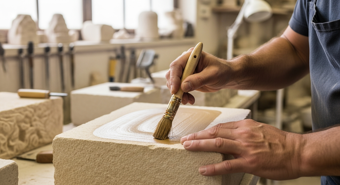A stone mason applies pigment to a limestone block.