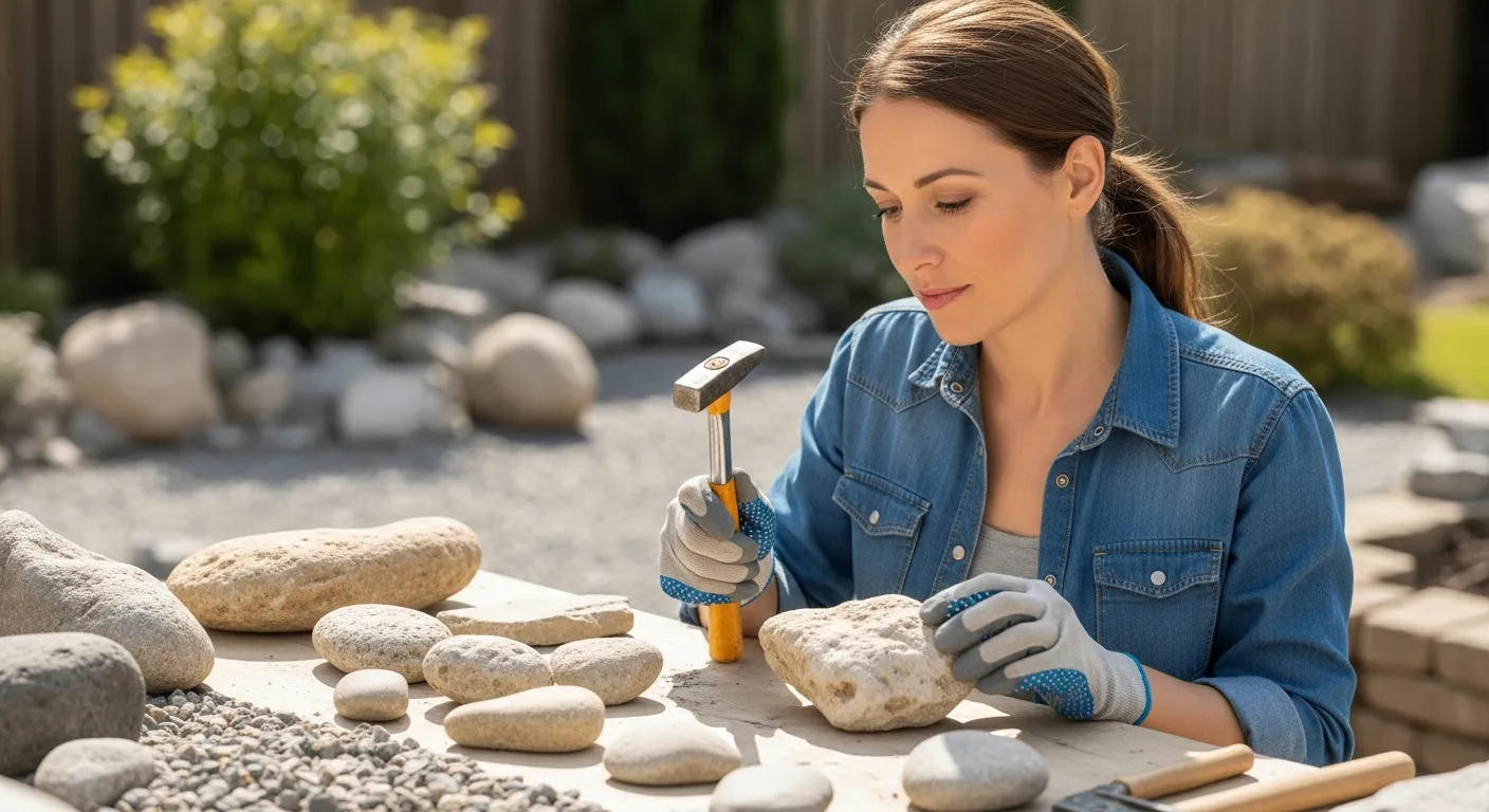 A woman examines stones for a landscaping project.