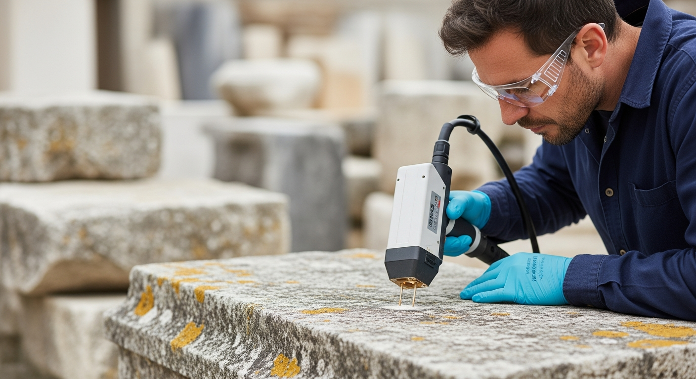 A conservator cleans a stone surface with a laser device.