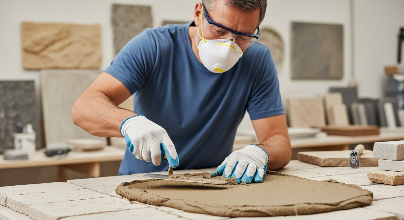 A stone mason applies mortar to a stone surface in a workshop.