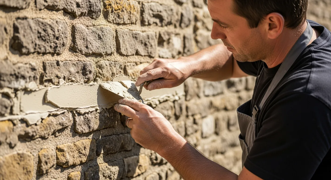 Stonemason repointing a stone wall with lime mortar.