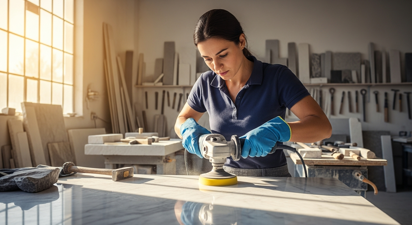 A woman polishes a marble surface in a workshop.