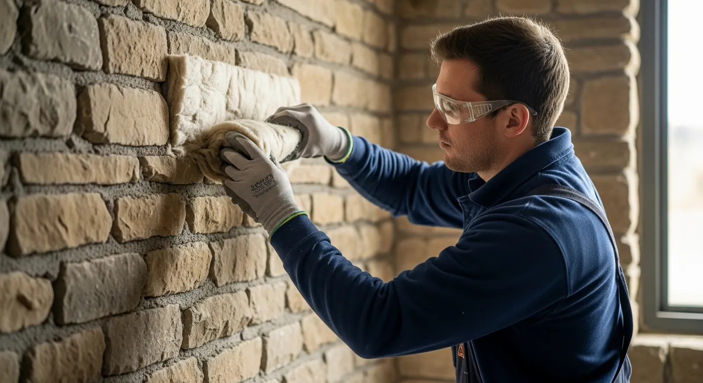 Stonemason installing mineral wool insulation on a stone wall.